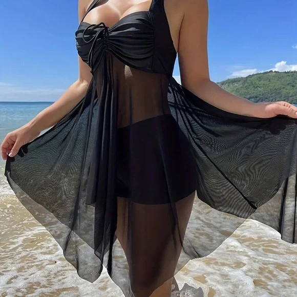 So High XL 2 Piece Set Tankini Swimsuit Mesh Halter Neck Tie Black Boy Shorts - Picture 4 of 7